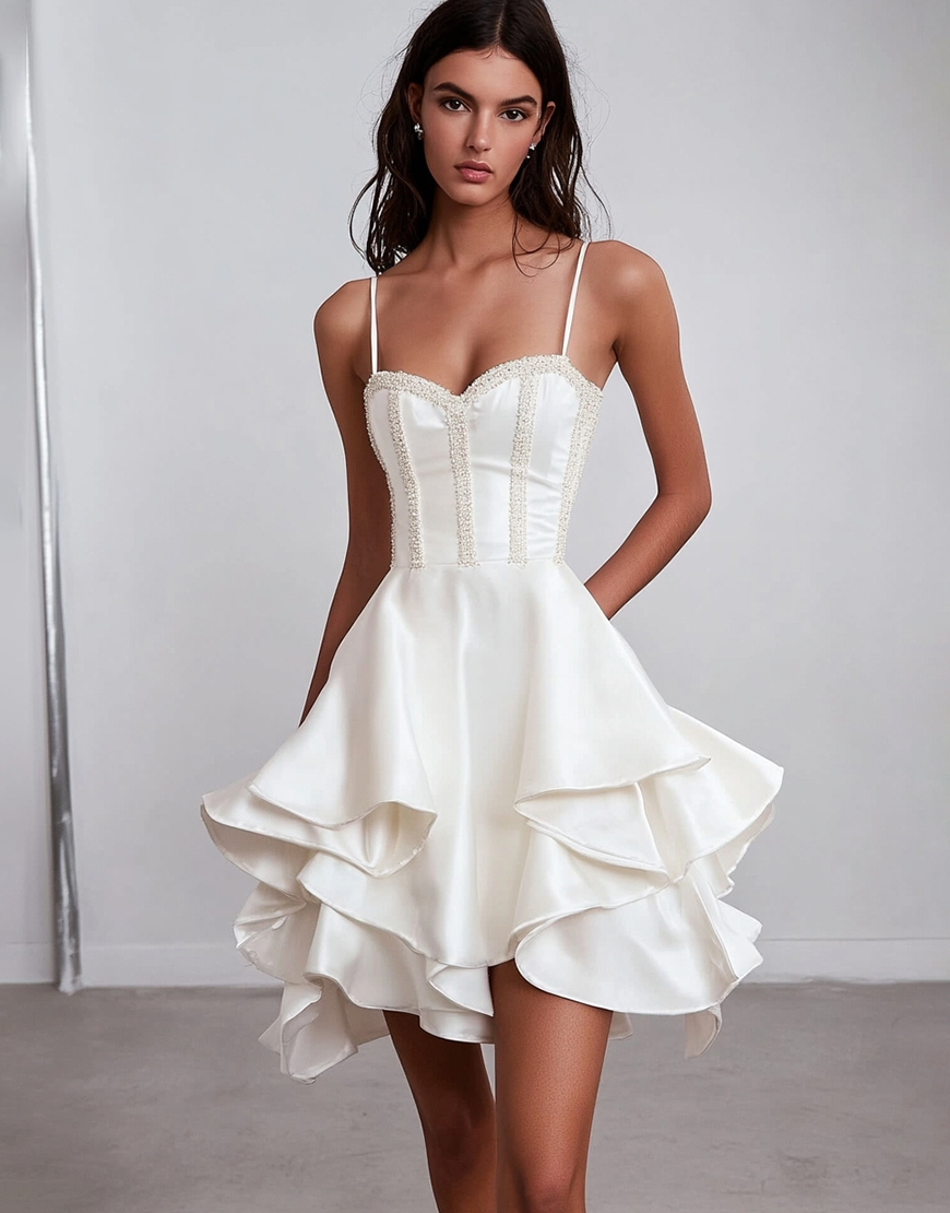 White Short Spaghetti Straps Graduation Dress with Ruffles