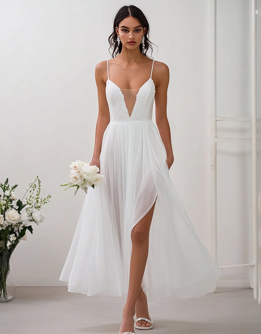 White Chiffon Spaghetti Straps Long Engagement Dress with Slit