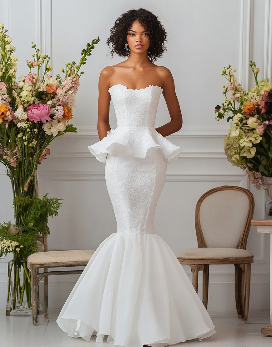 White Strapless Satin Long Mermaid Engagement Dress with Ruffles