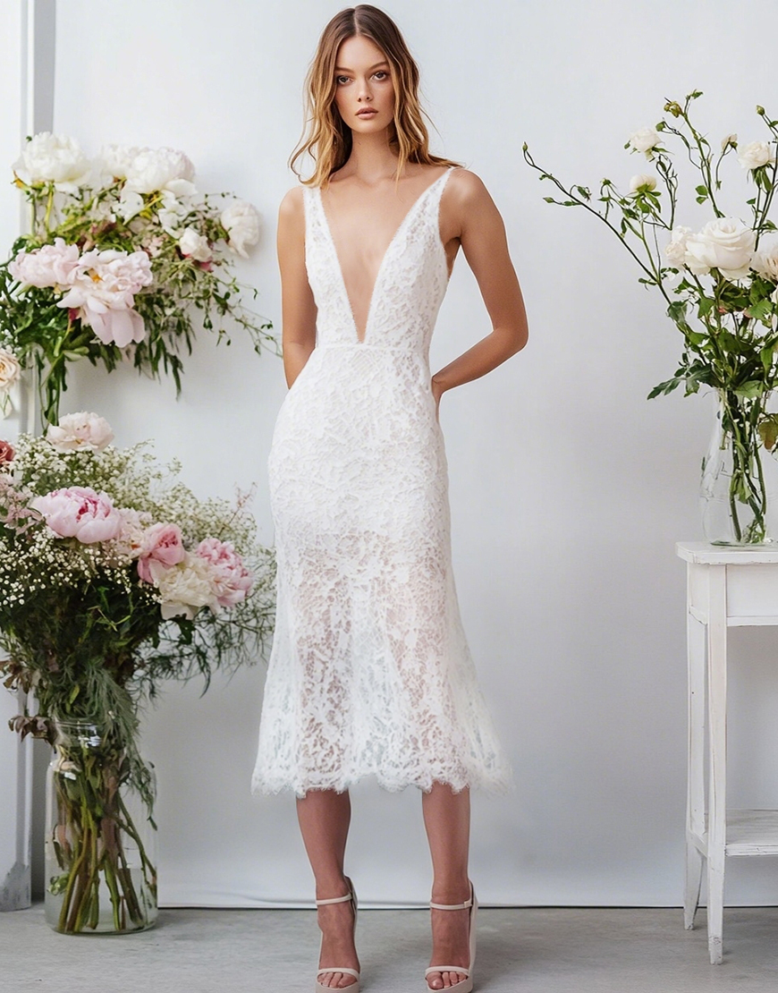 White V Neck Lace Long Sheath Engagement Dress