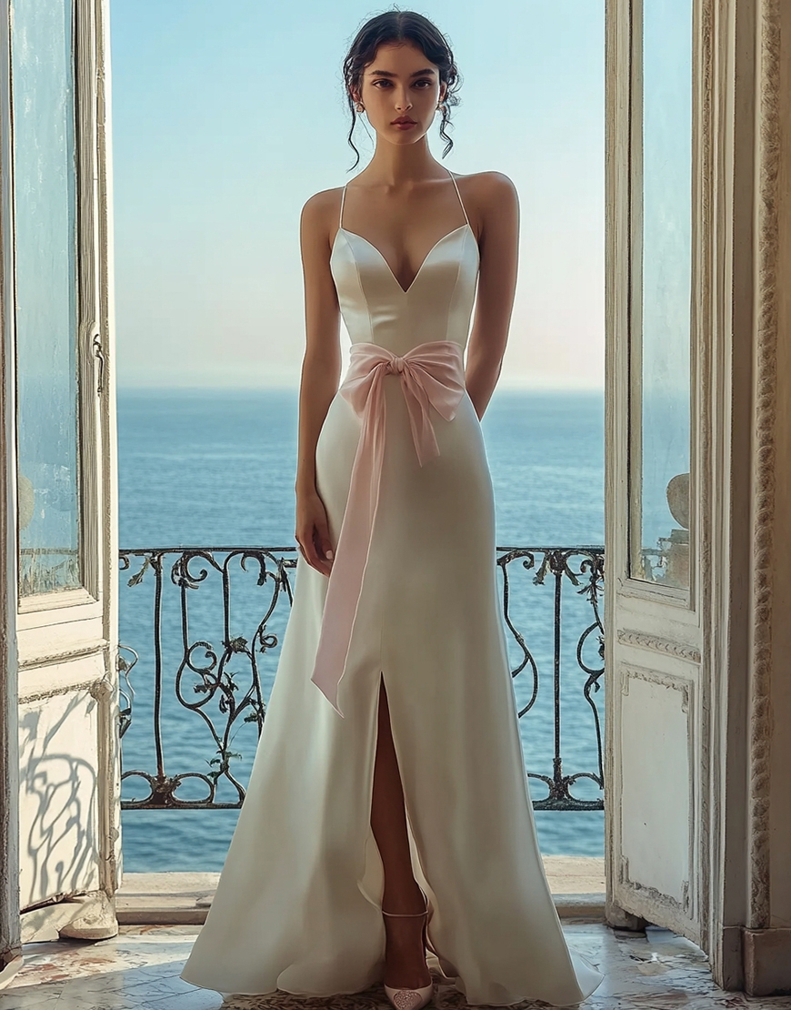 White Spaghetti Straps Satin Formal Dress with Slit