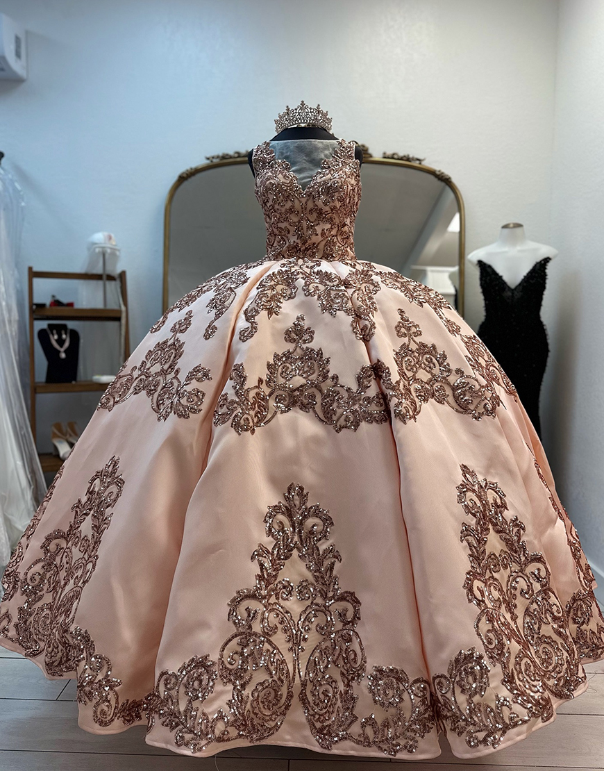 Blush Ball Gown V Neck Quinceanera Dress with Appliques