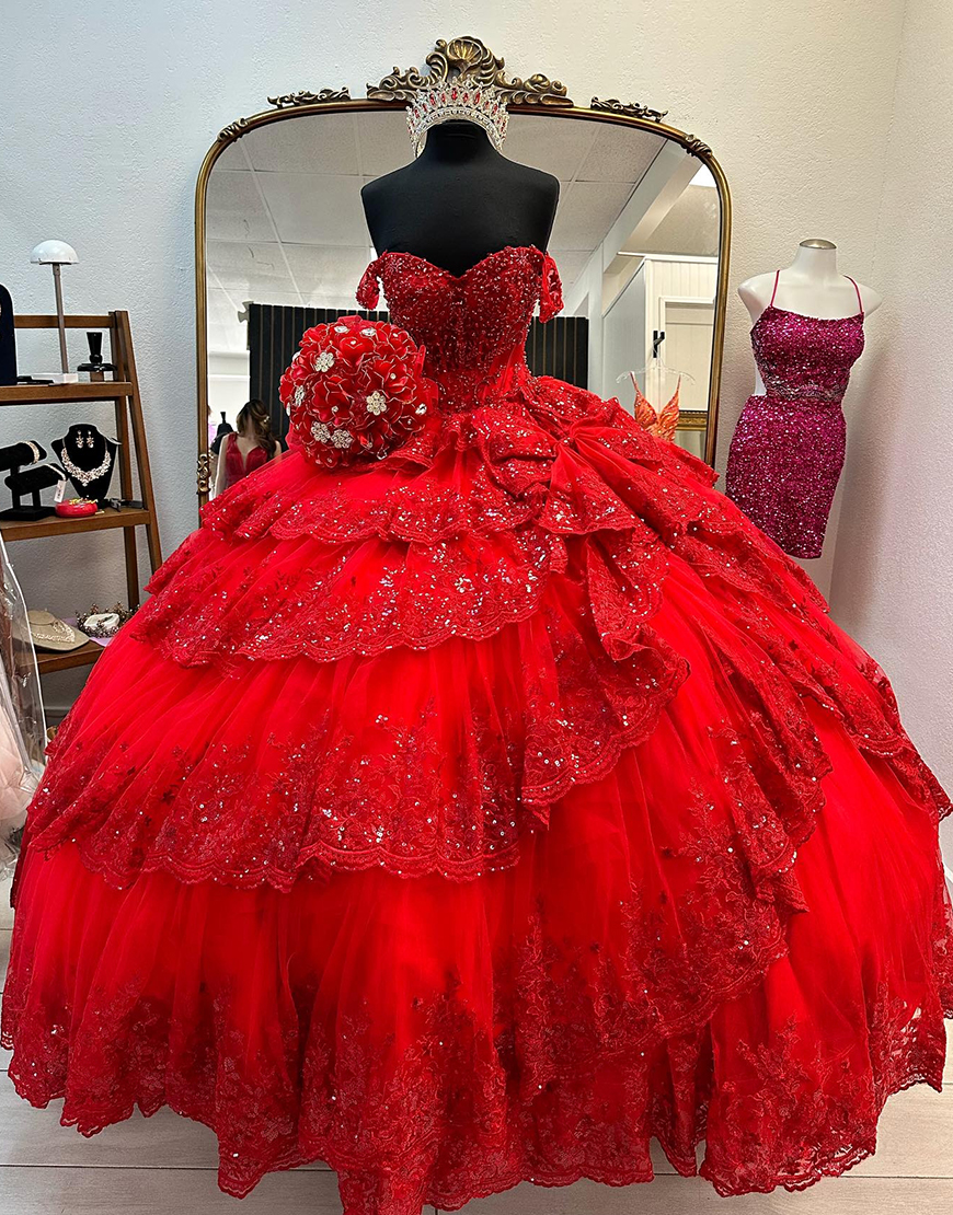 Sparkly Red Sweetheart Ball Gown Quinceanera Dress with Appliques