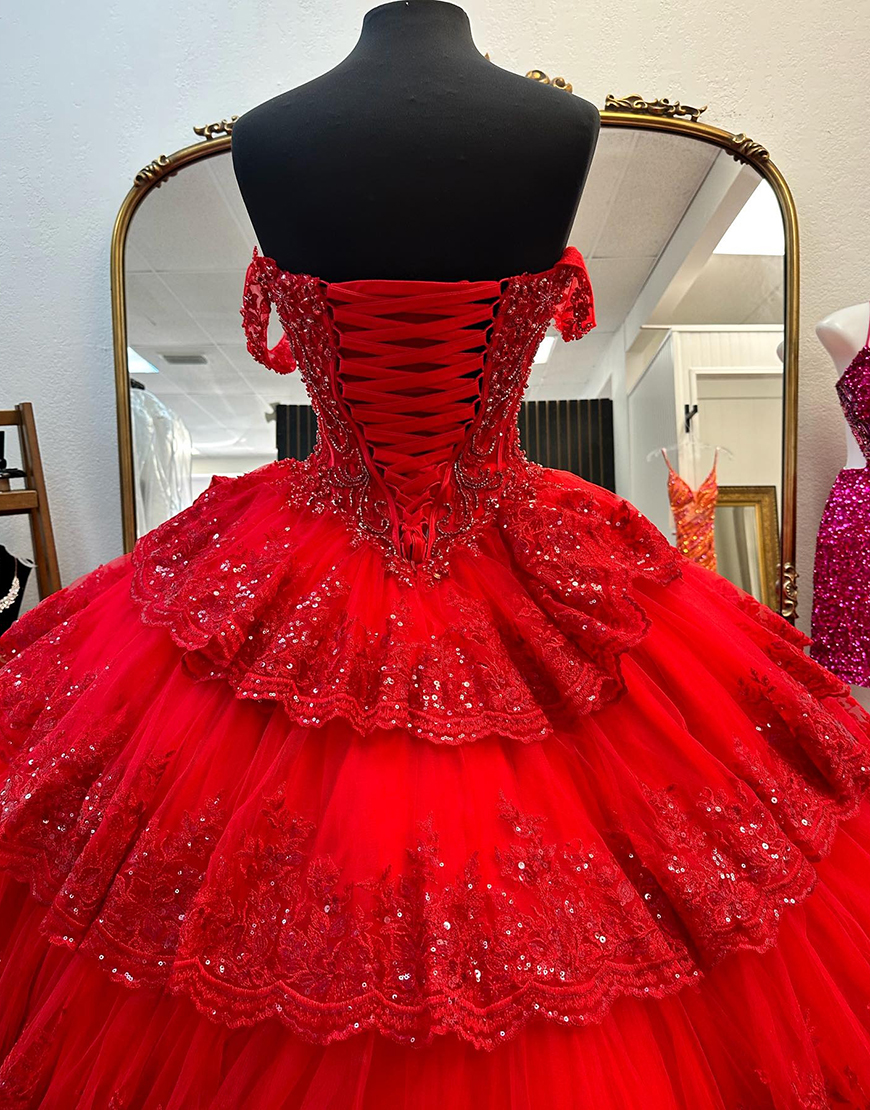 Sparkly Red Sweetheart Ball Gown Quinceanera Dress with Appliques