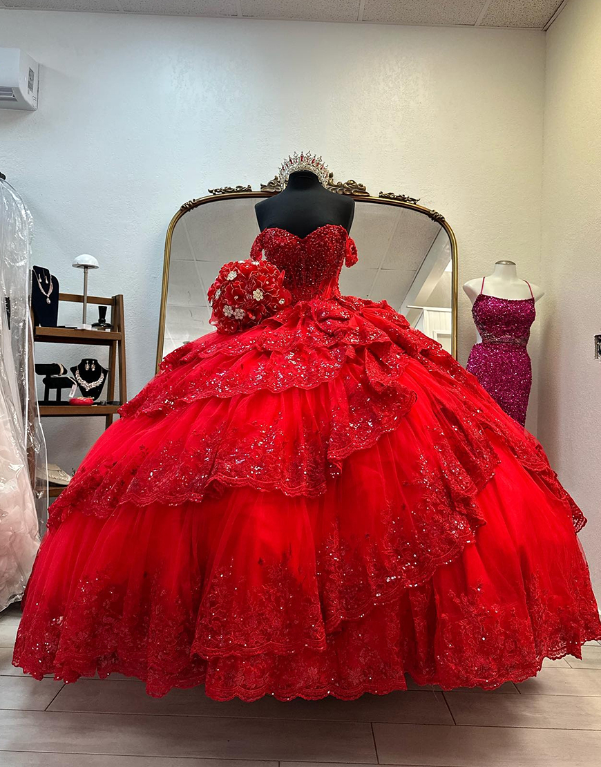 Sparkly Red Sweetheart Ball Gown Quinceanera Dress with Appliques