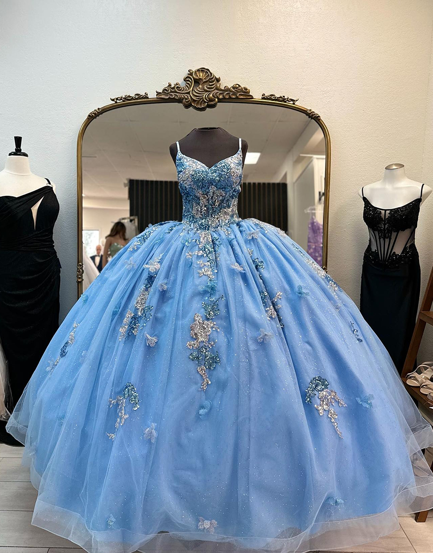 Sparkly Blue Ball Gown Tulle Quinceanera Dress with Appliques