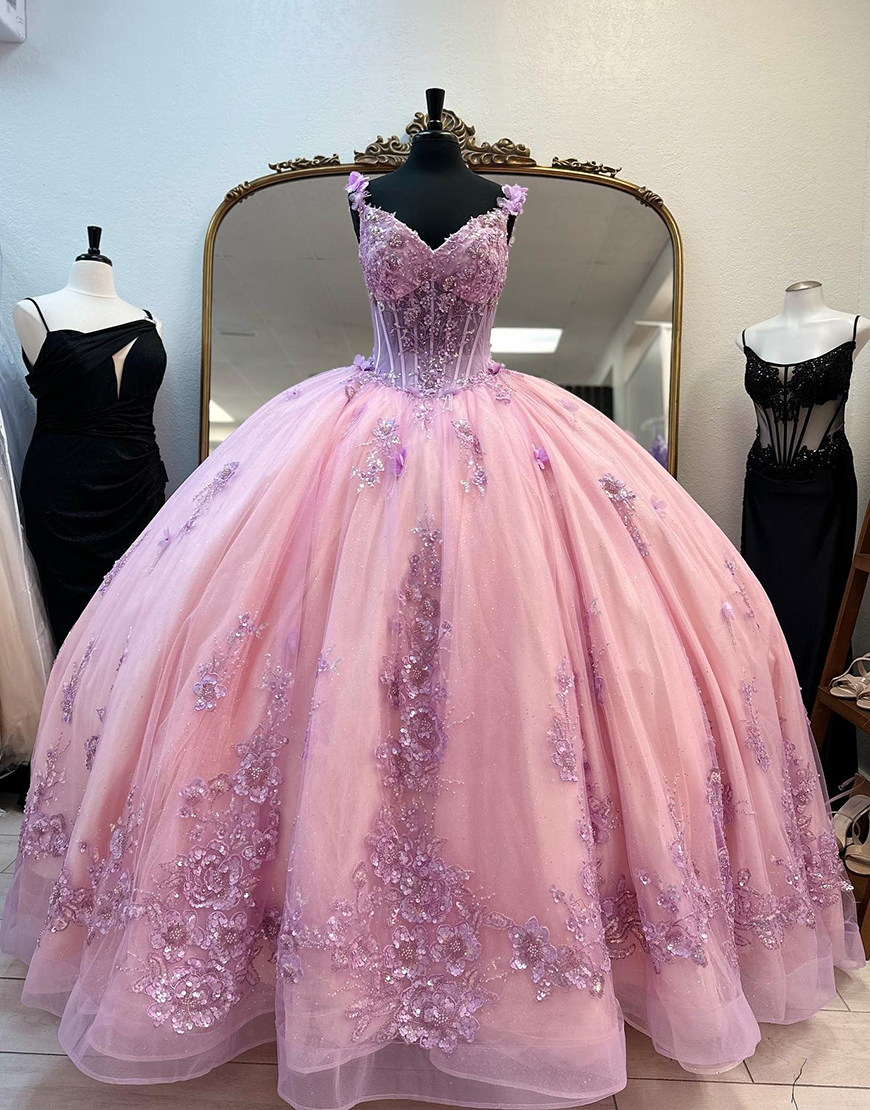 Pink Sparkly Corset Floral Tulle Quinceanera Dress with Appliques