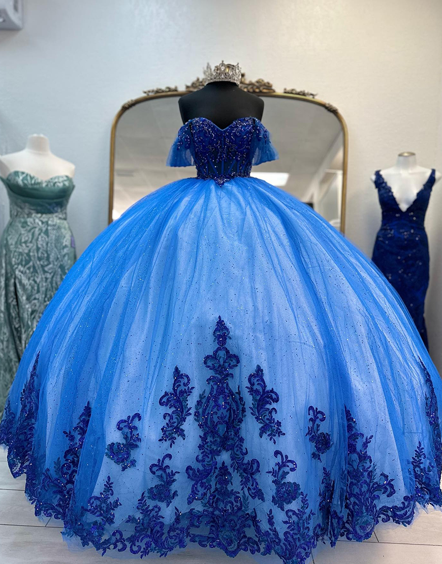 Sparkly Blue Corset Appliqued Ball Gown Quinceanera Dress