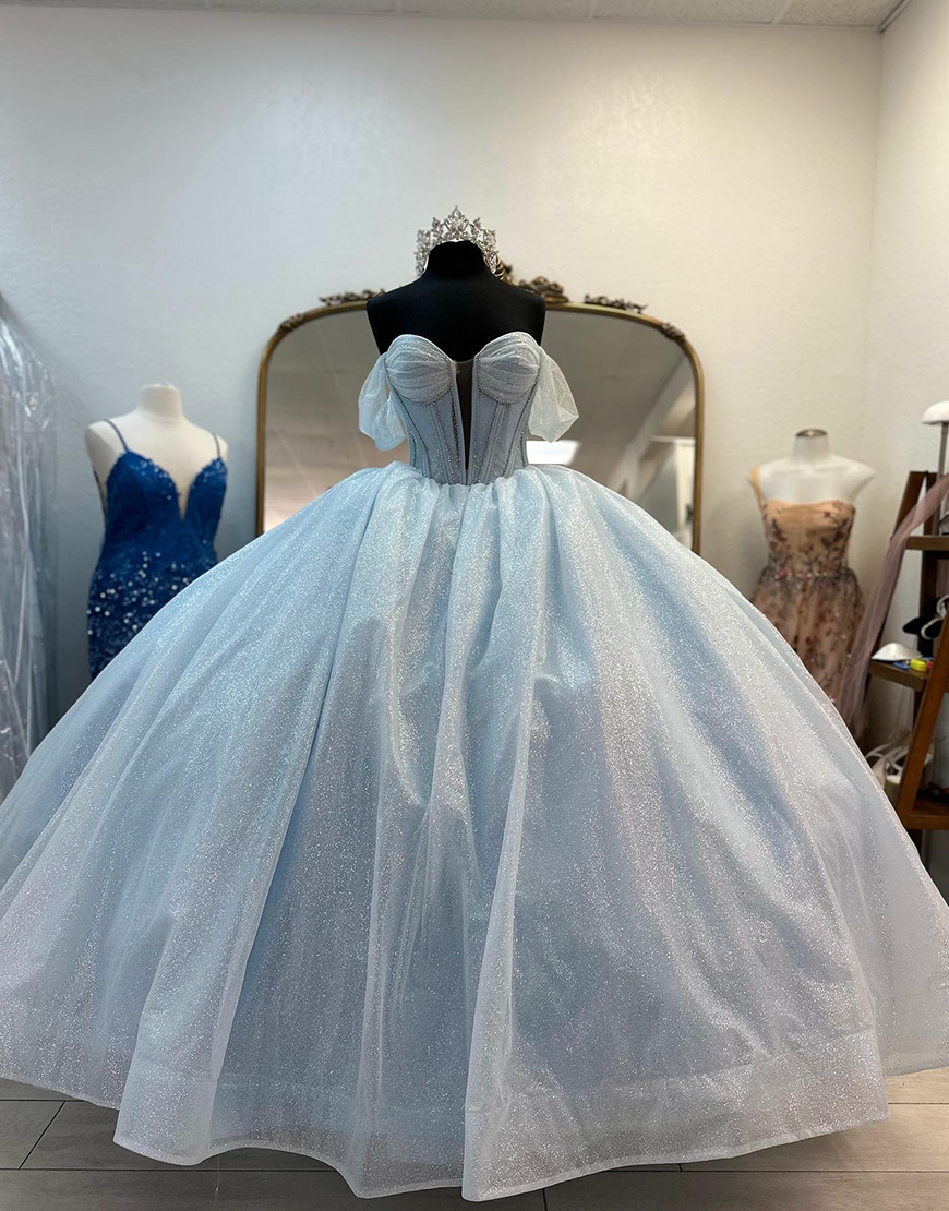 Light Blue Corset Sparkly Ball Gown Quinceanera Dress with Bow