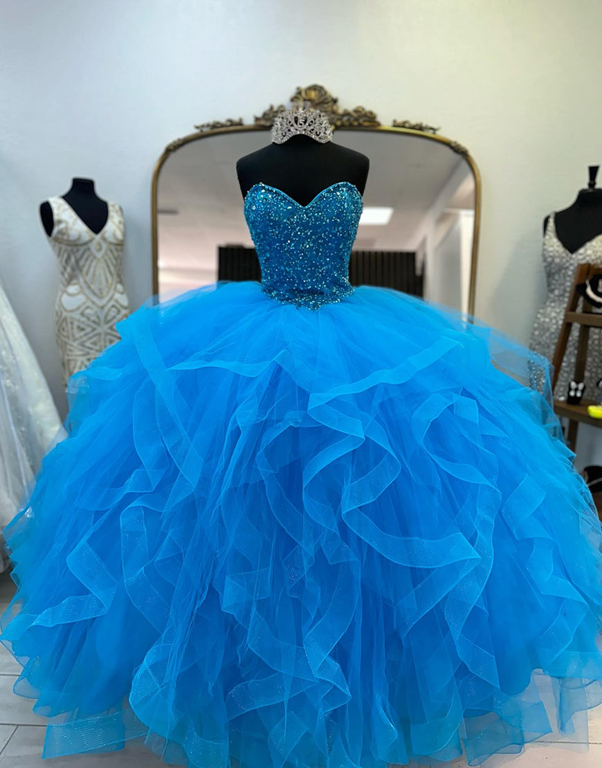Blue Sparkly Corset Ball Gown Tulle Quinceanera Dress with Beading
