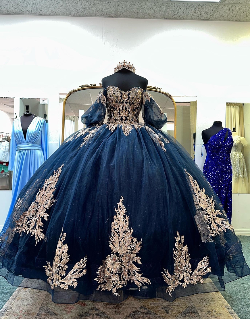 Navy Tulle Appliqued Sweetheart Ball Gown Quinceanera Dress