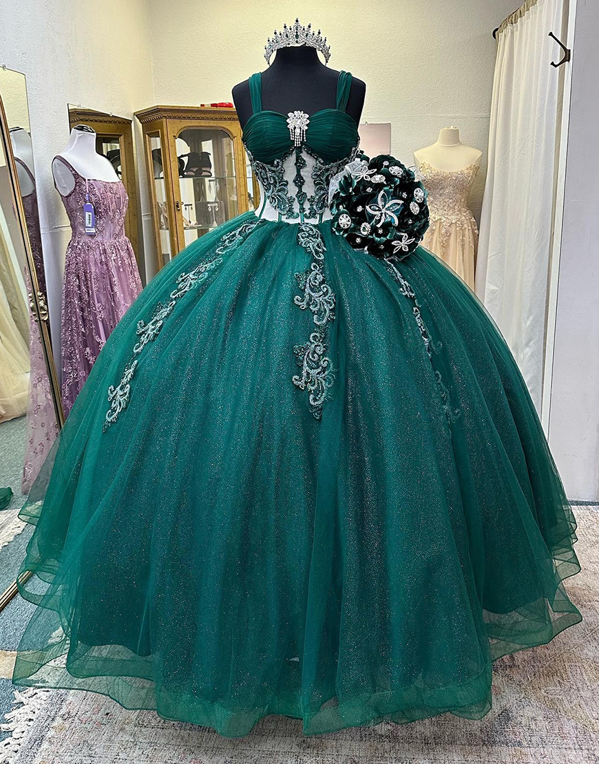 Dark Green Spaghetti Straps Appliqued Ball Gown Quinceanera Dress