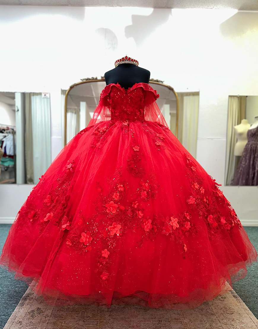 Red Sweetheart Ball Gown Floral Quinceanera Dress with Appliques