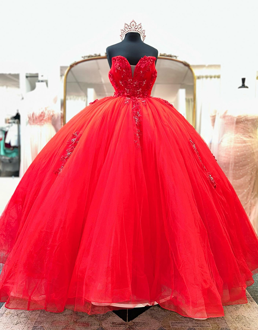 Red Appliqued Ball Gown Tulle Sweetheart Quinceanera Dress