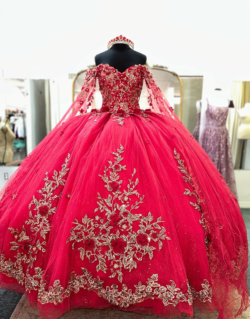 Red Ball Gown Sweetheart Tulle Quinceanera Dress with 3D Flowers