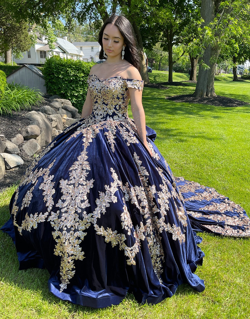 Navy Off the Shoulder Ball Gown Quinceanera Dress with Appliques