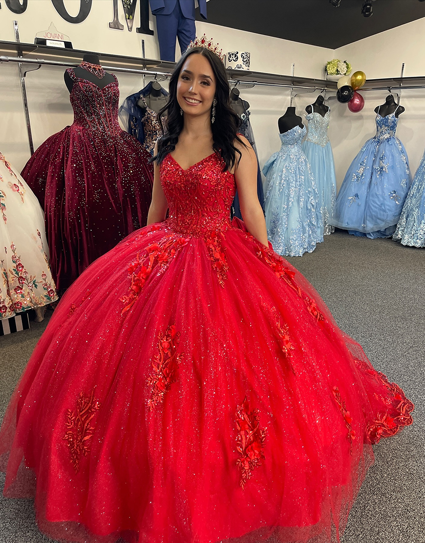 Sparkly Red Spaghetti Straps Corset Quinceanera Dress with Appliques