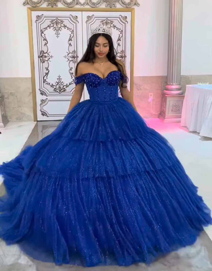 Royal Blue Off the Shoulder Corset Tiered Sparkly Quinceanera Dress