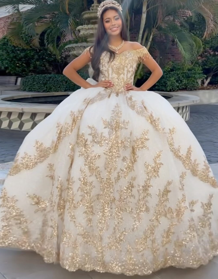 White Golden Sparkly  Ball Gown Quinceanera Dress with Appliques