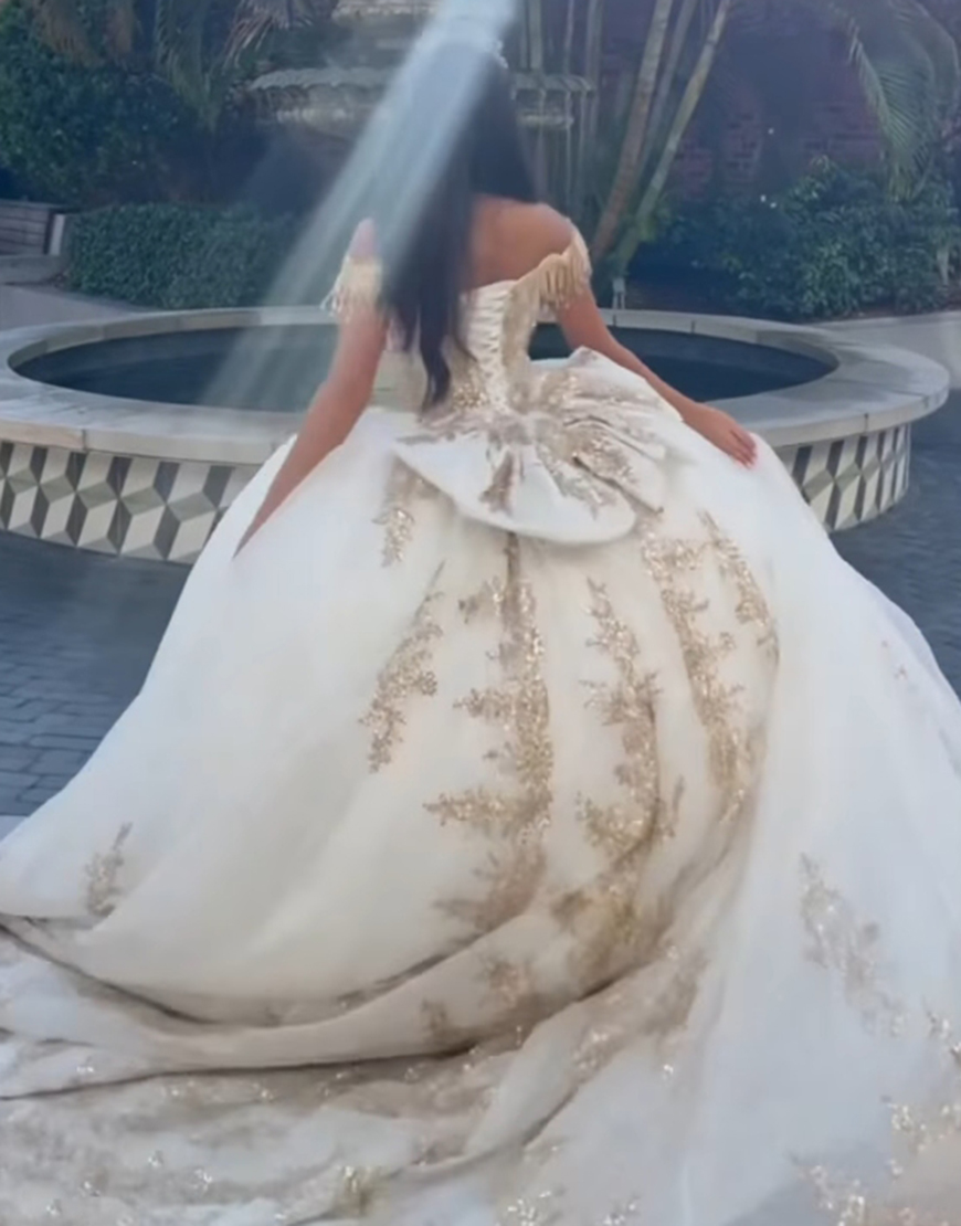 White Golden Sparkly  Ball Gown Quinceanera Dress with Appliques