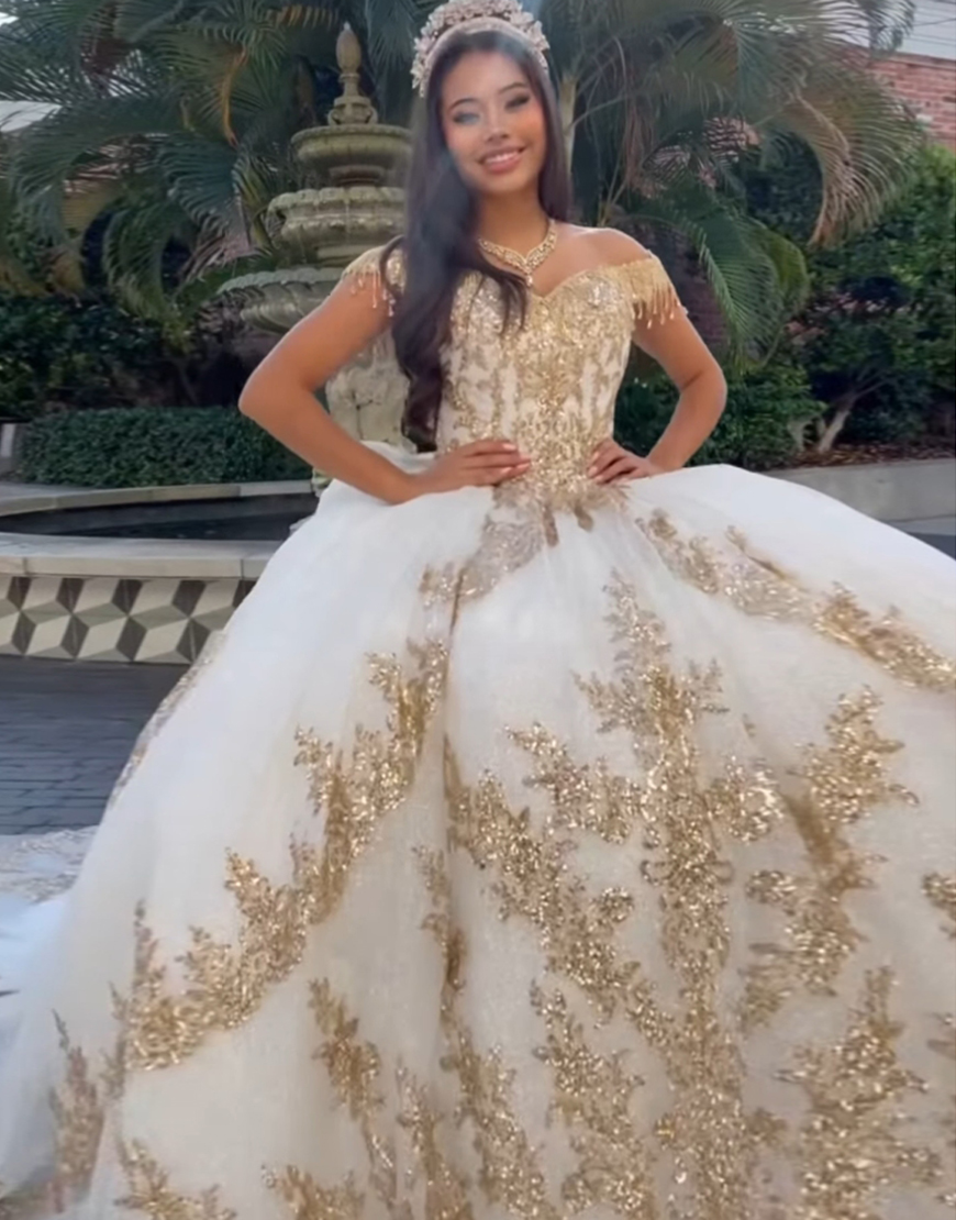 White Golden Sparkly  Ball Gown Quinceanera Dress with Appliques