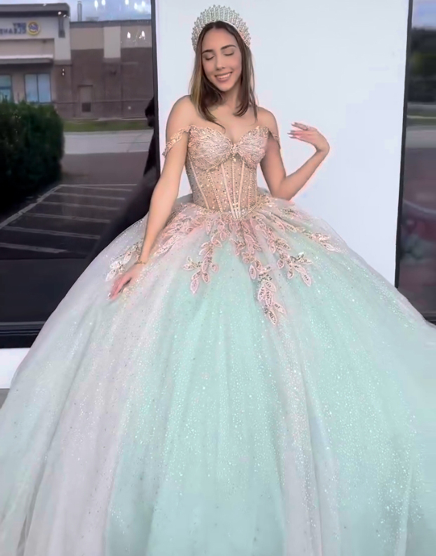 Sparkly Green Off the Shoulder Corset Quinceanera Dress with Appliques