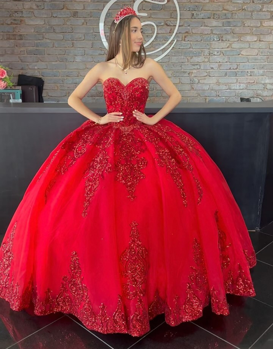 Red Sweetheart Corset Ball Gown Quinceanera Dress with Appliques
