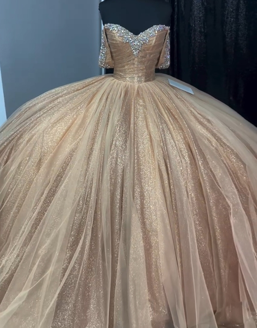 Sparkly Champagne Off the Shoulder Tulle Quinceanera Dress
