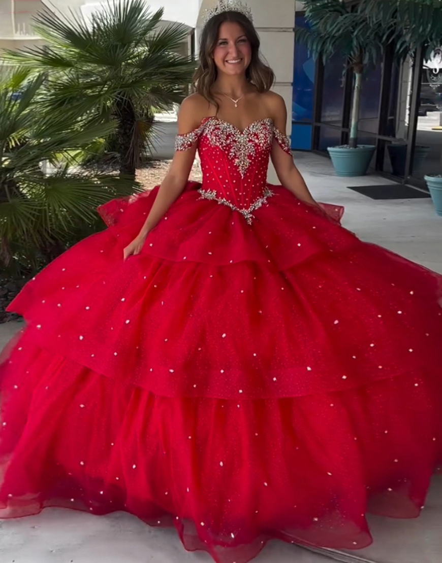 Sparkly Red Tiered Off the Shoulder Quinceanera Dress with Beading