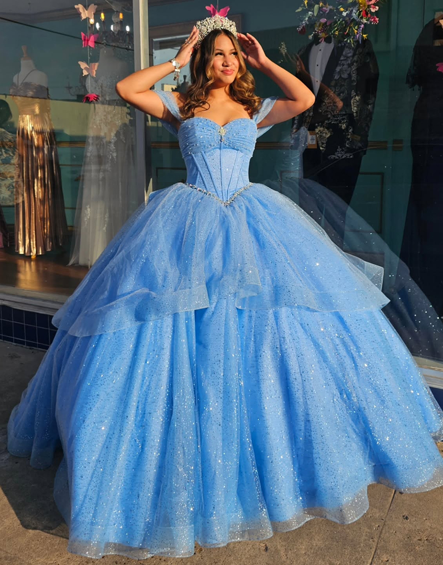 Blue Sparkly Corset Ball Gown Tiered Quinceanera Dress