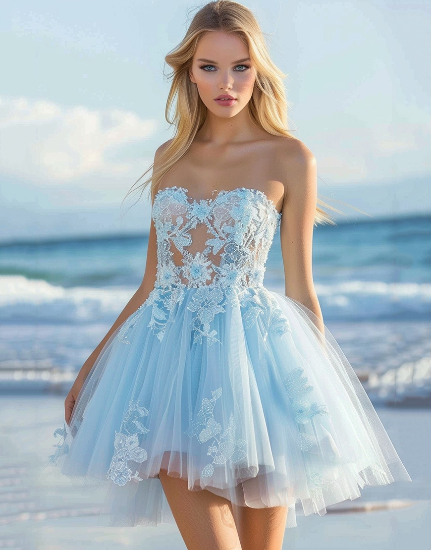 Sky Blue A Line Strapless Tulle Short Homecoming Dress with Lace