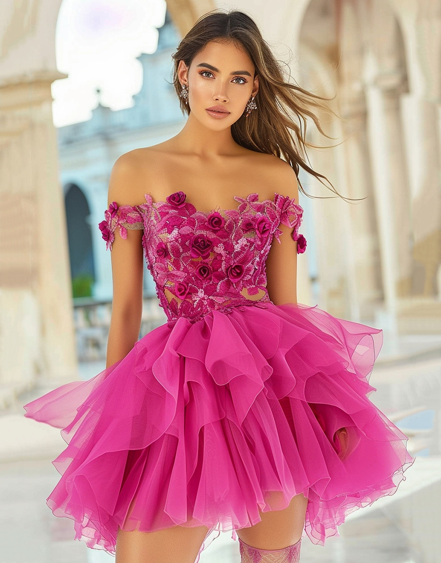 Fuchsia Floral A Line Organza Short Homecoming Dress with Appliques