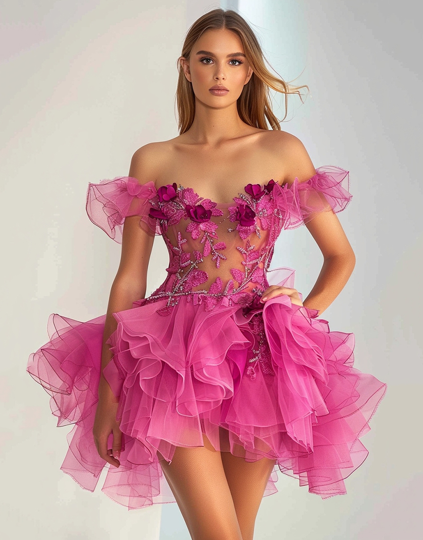 Floral Fuchsia Tulle A Line Short Homecoming Dress with Appliques