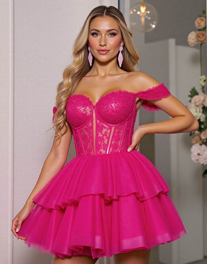 Fuchsia Tulle A Line Corset Short Homecoming Dress with Appliques
