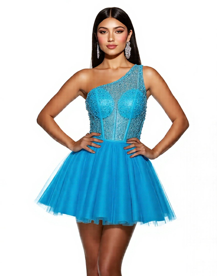 Sparkly Sky Blue A Line One Shoulder Corset Short Tulle Homecoming Dress