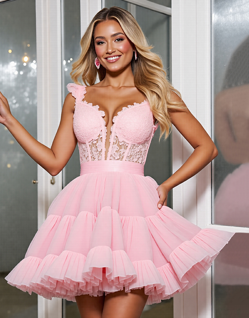 Light Pink A Line Corset Tulle Short Homecoming Dress with Appliques