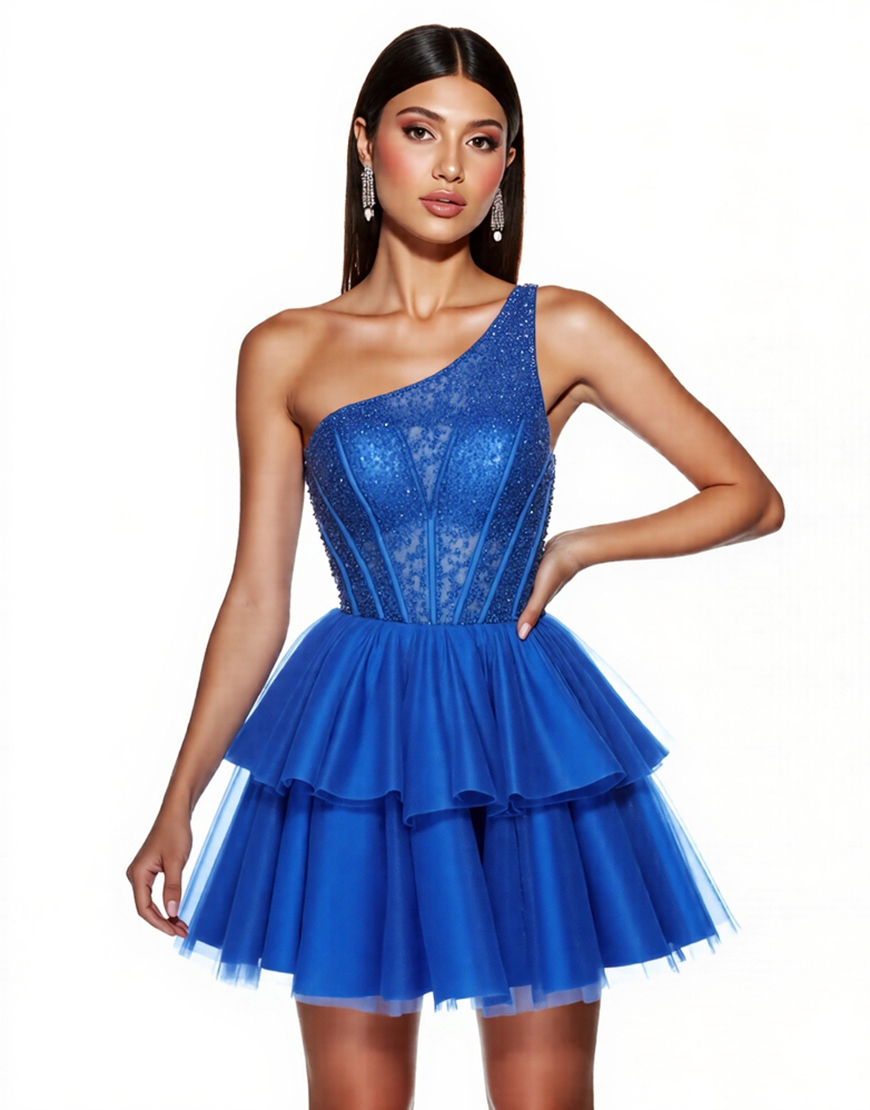 Royal Blue A Line One Shoulder Corset Short Tulle Homecoming Dress