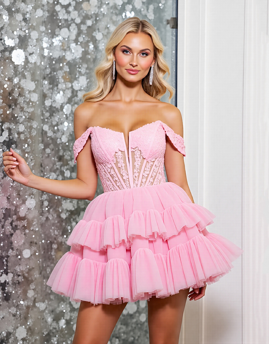 Corset Pink A Line Short Tulle Homecoming Dress with Appliques