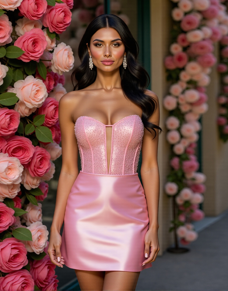 Sparkly Pink Satin Corset Short Homecoming Dress with Keyhole