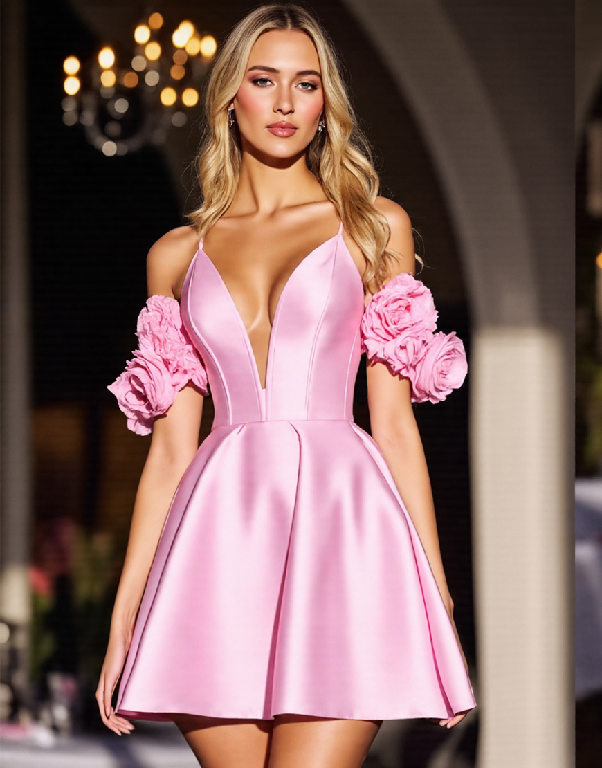 Pink Floral Satin Corset Short Homecoming Dress