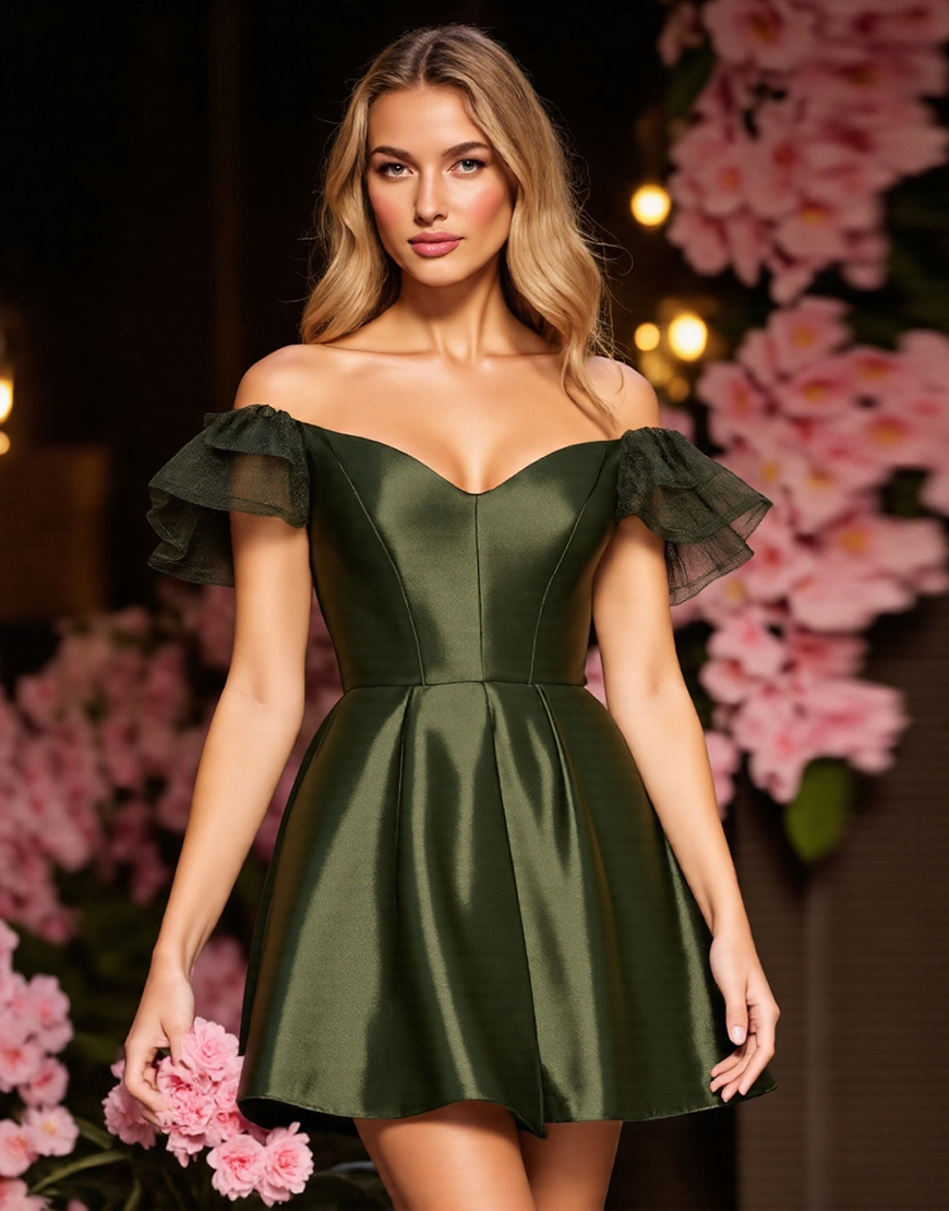 Army Green Satin Corset Short Homecoming Dress with Ruffles