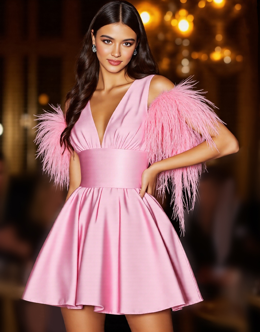 Pink Satin V-Neck Short Homecoming Dress with Feathers