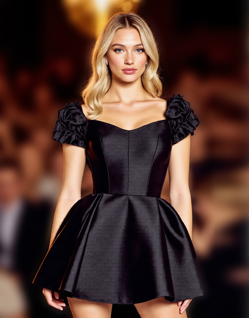 Black Satin Corset Short Homecoming Dress with Sleeves