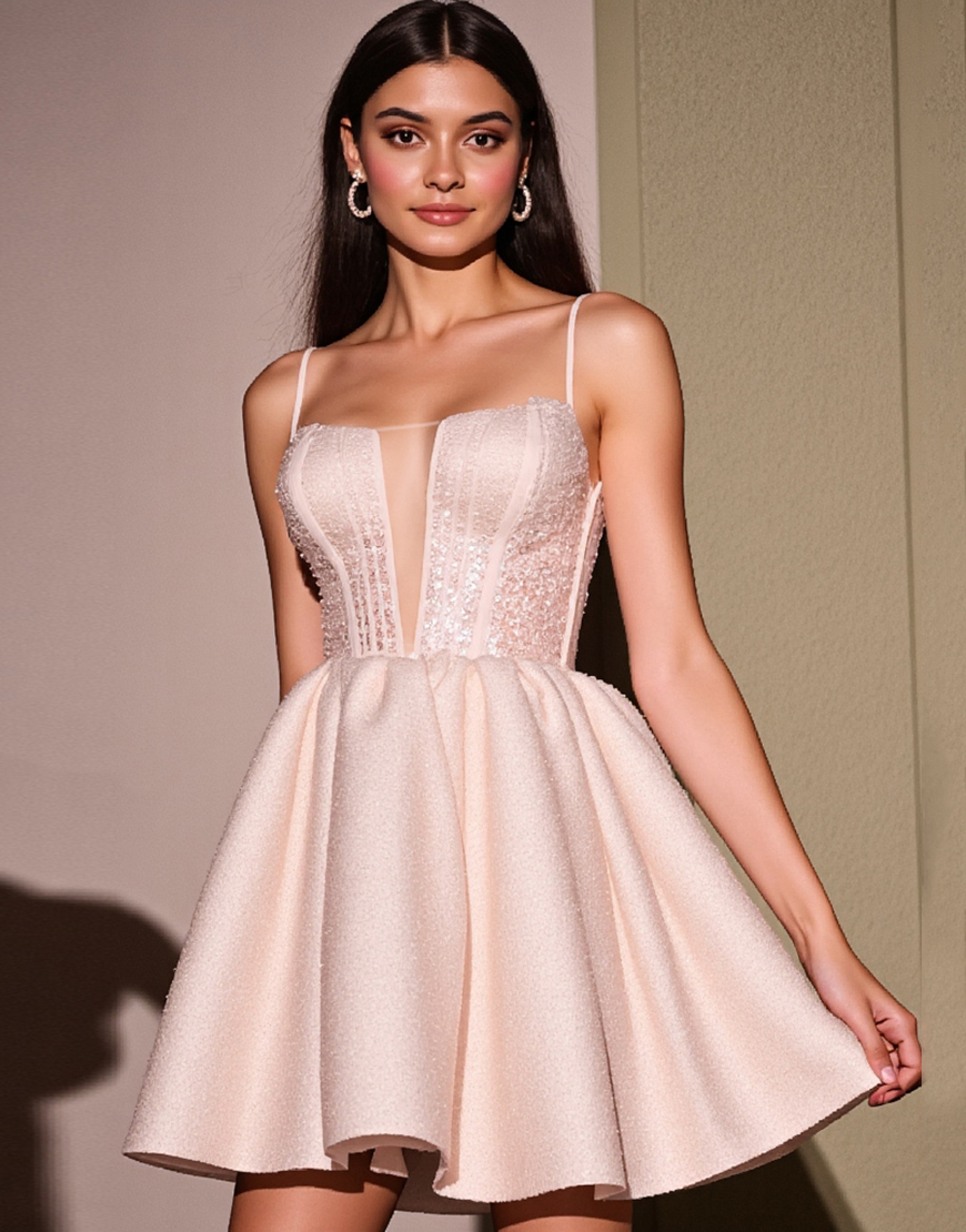 Sparkly Blush A Line Corset Satin Short Homecoming Dress with Beading