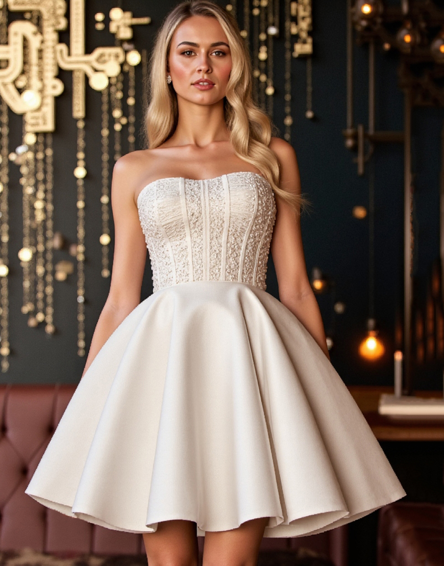 Ivory Satin A Line Corset Short Homecoming Dress with Appliques