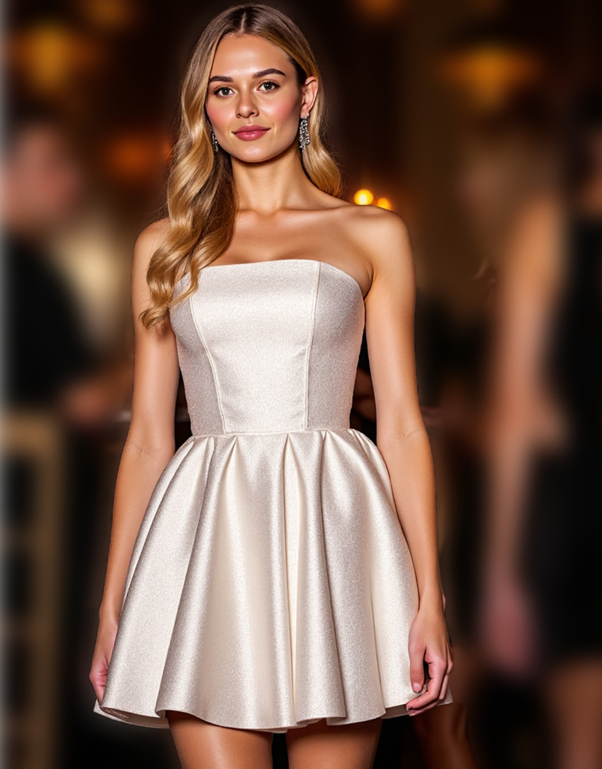 Ivory Satin Strapless Corset A Line Short Homecoming Dress