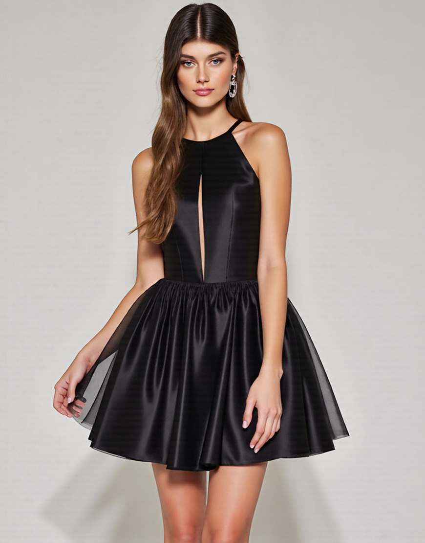 Black A Line Short Halter Keyhole Homecoming Dress