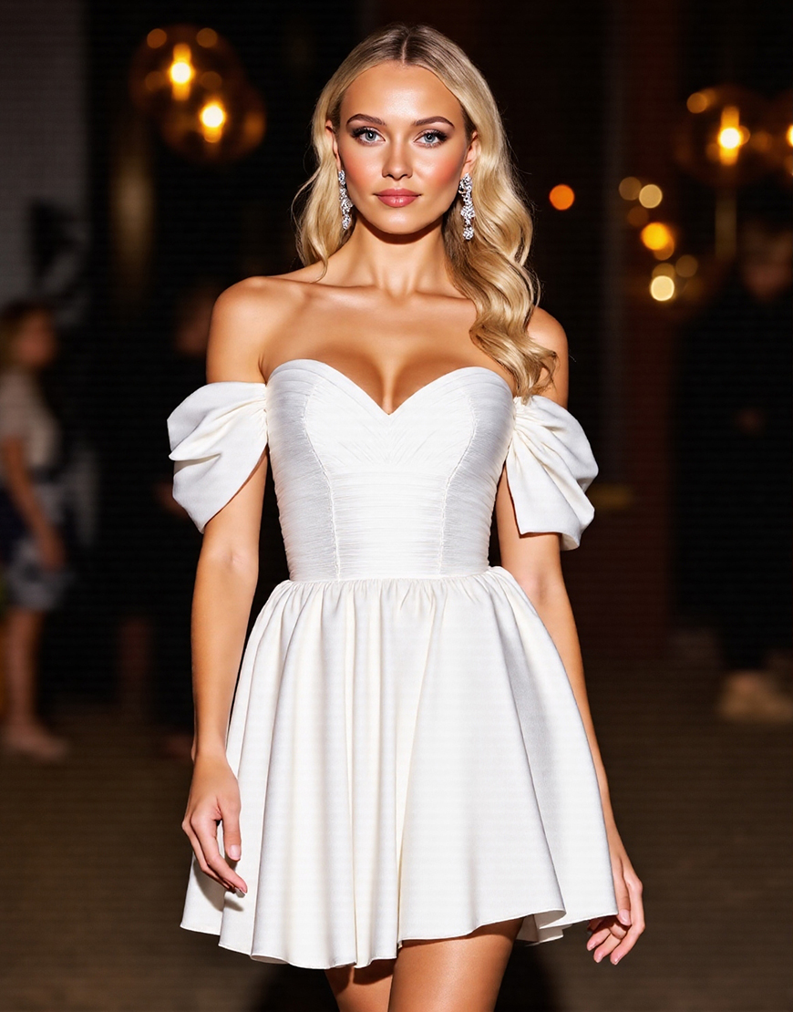 White A Line Satin Off the Shoulder Short Homecoming Dress with Ruffles