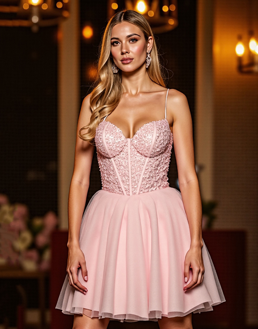 Sparkly Blush Corset Short Tulle Homecoming Dress with Sequins