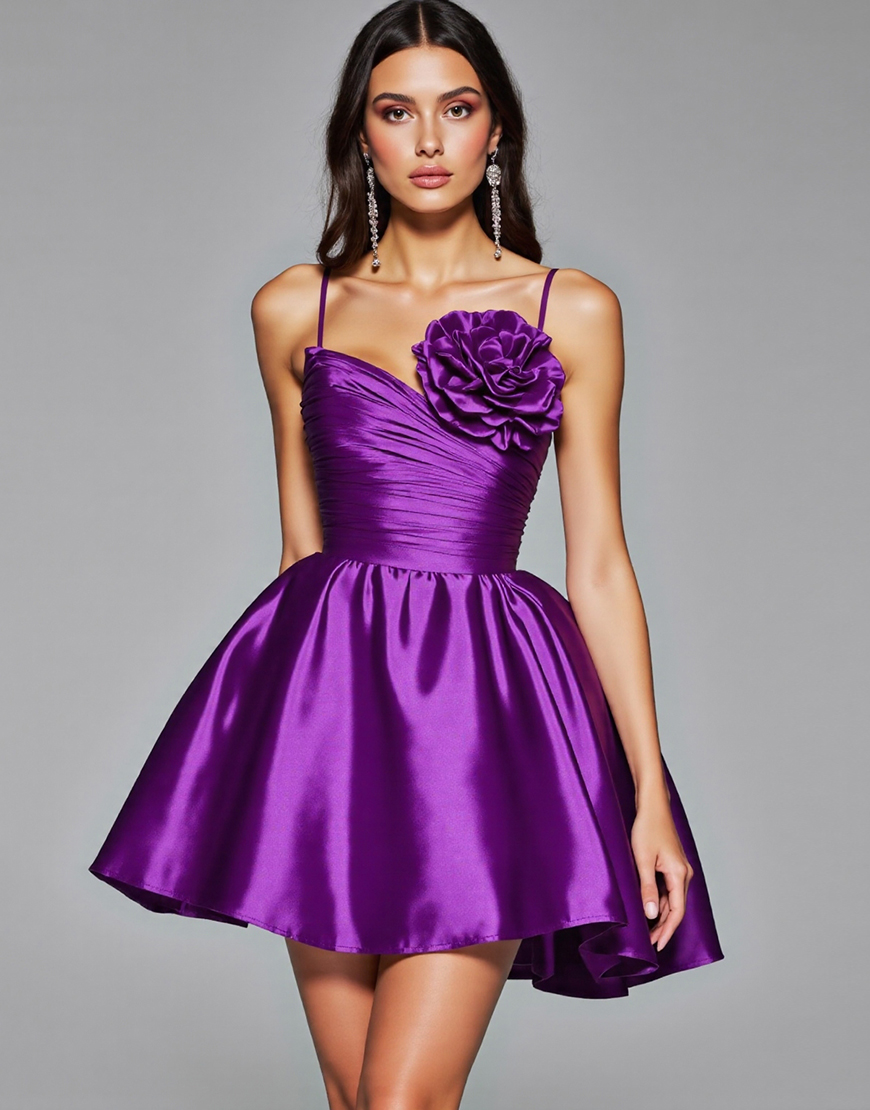 Dark Purple Satin Floral A Line Short Homecoming Dress
